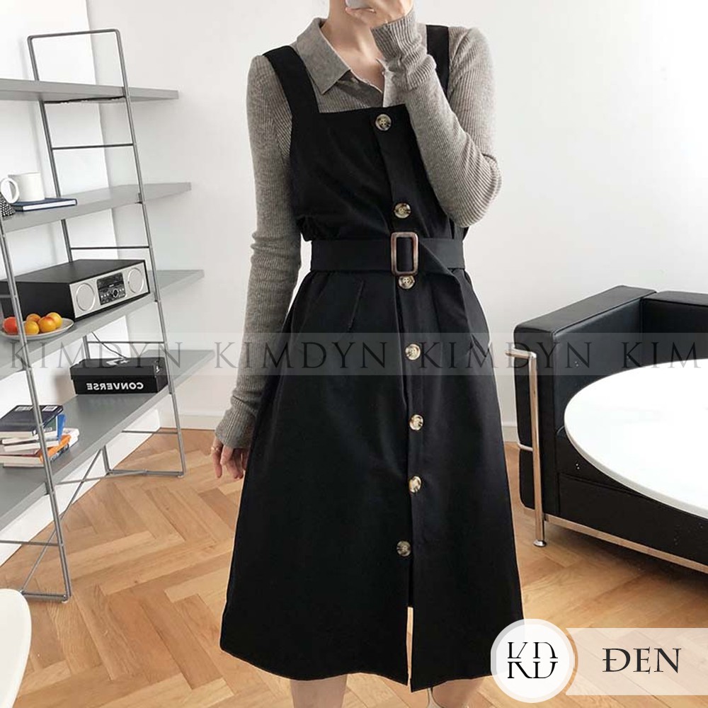 Đầm hai dây bản to thắt eo cotton KimDyn [KDD22]