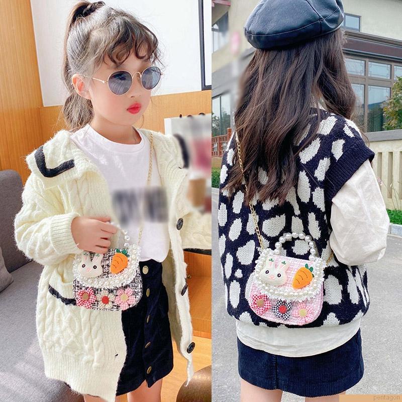 Túi xách đeo chéo vai dây xích đính hạt ngọc in hoạt hình đáng yêu cho bé gái