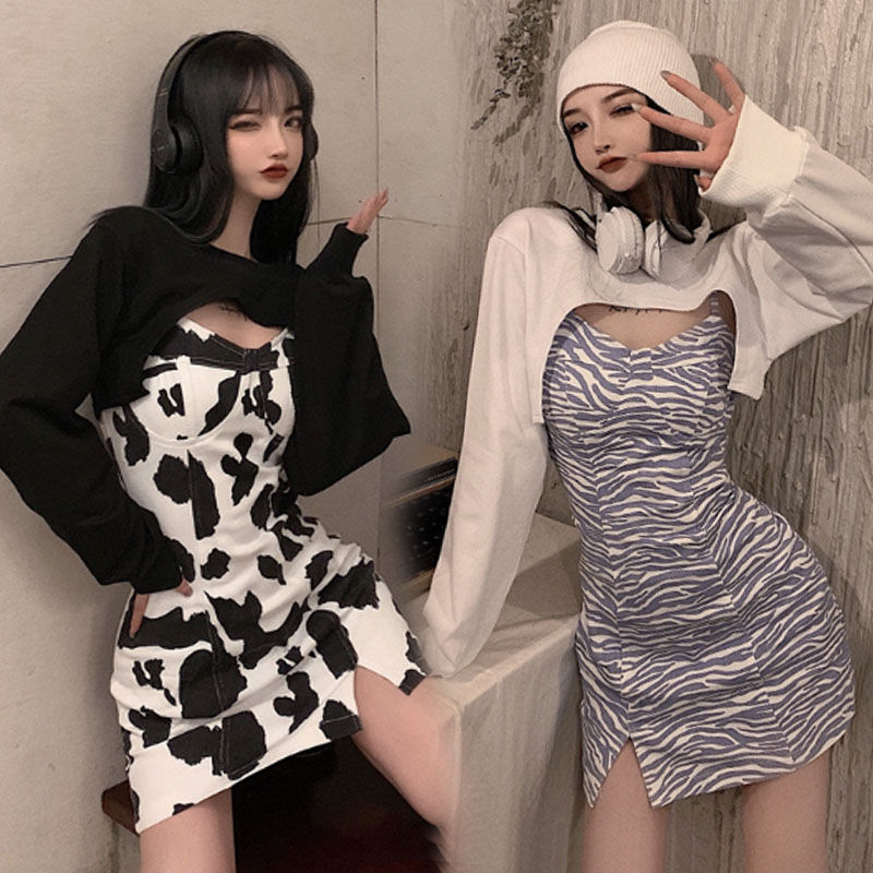 Set Áo Thun Ngắn Tay + Đầm Yếm Họa Tiết Bò Sữa Thời Trang Hè 2021 Cho Nữ | BigBuy360 - bigbuy360.vn