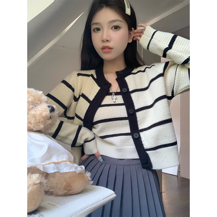 ZHELIHANGFEI Áo Cardigan Dệt Kim Hai Dây Lưng Cao Họa Tiết Kẻ Sọc Phong Cách Quyến Rũ