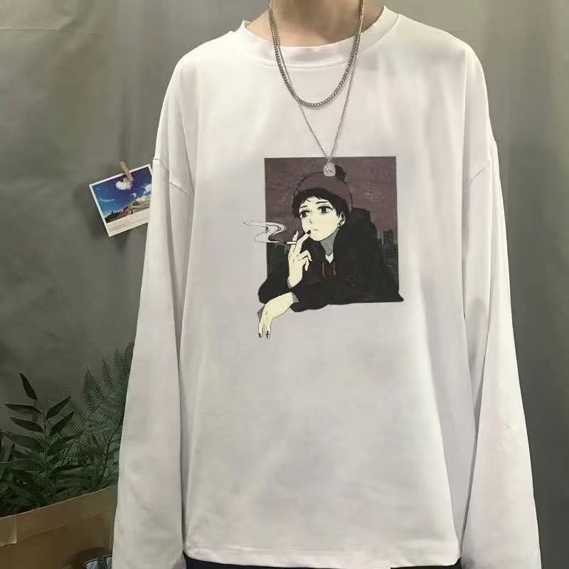 Áo Thun Tay Dài Cổ Tròn Dáng Rộng In Họa Tiết Hoạt Hình Phong Cách Hip Hop Hàn Quốc Thời Trang Cho Nam Size M-5XL