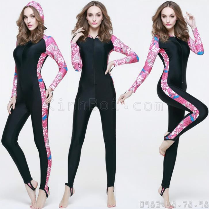 Đồ Bơi Kín Đáo Liền Thân Có Mũ Sbart 1009 - Đen Hồng ་