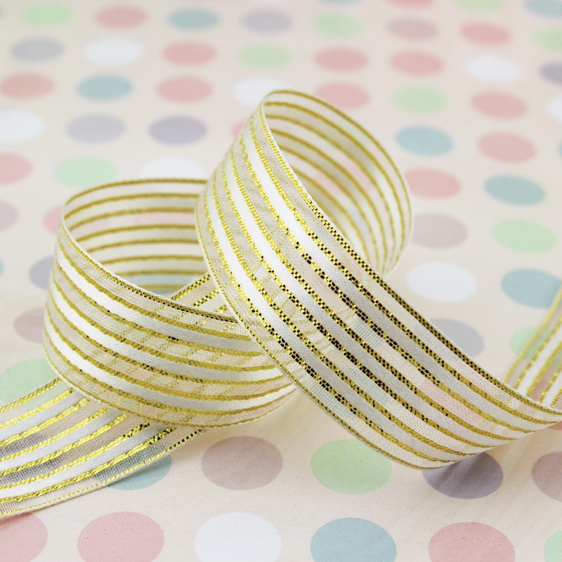 Cuộn Dây Ruy Băng 15mm (25 yards) Họa Tiết Sọc Trắng Vàng Chất Lượng Cao Dùng Gói Quà Cưới