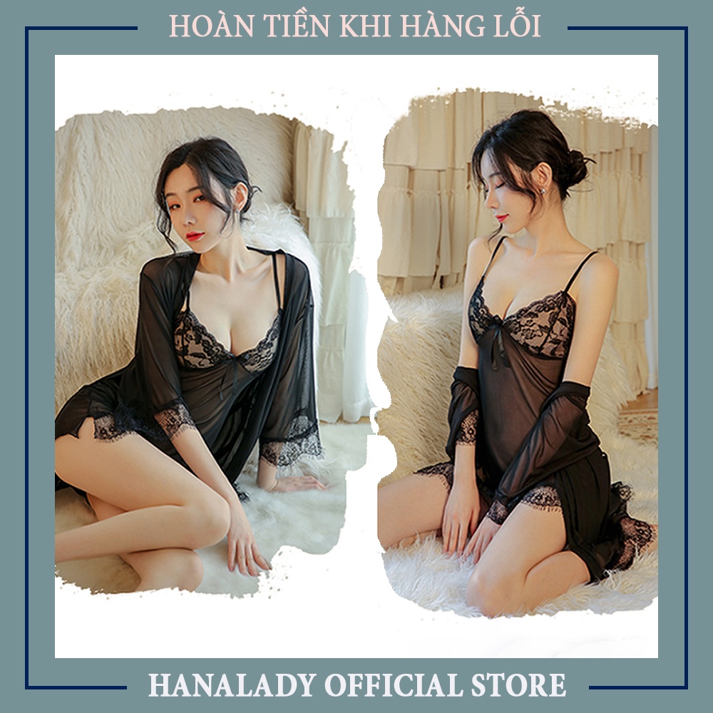 Váy ngủ xuyên thấu sexy kèm chíp lọt khe choàng xuyên thấu đầm ngủ quyến rũ gợi cảm màu đen HanaLadyStore V017