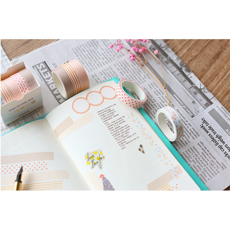 Hộp 5 cuộn washi tape mẫu hoa văn cơ bản