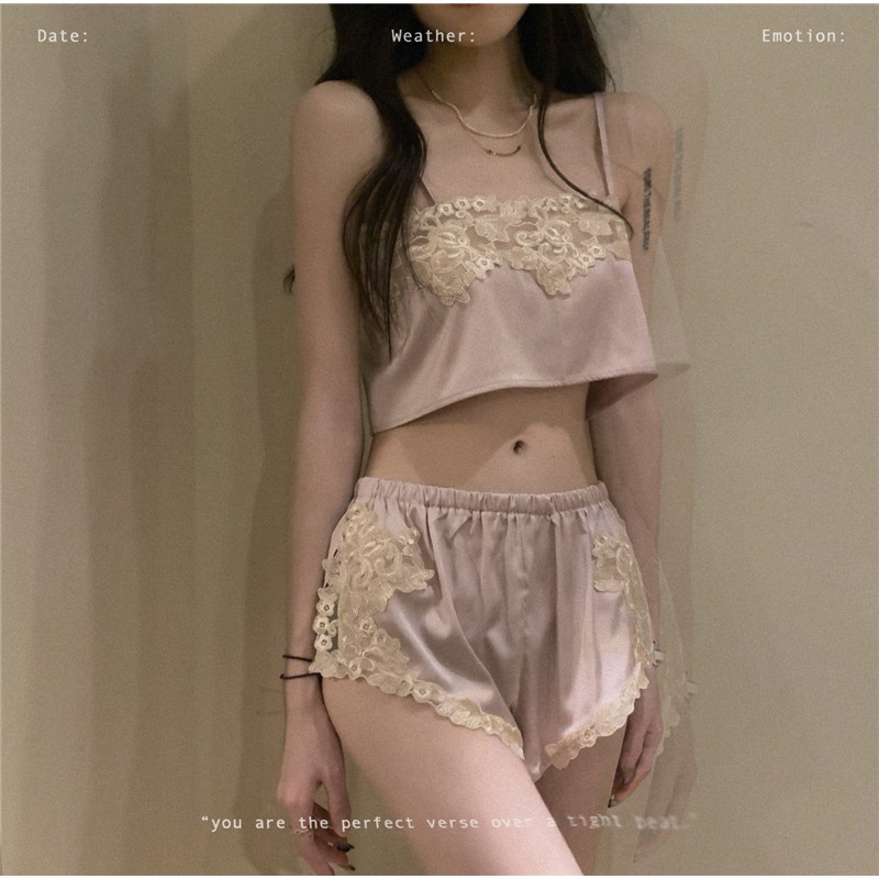 Bộ đồ ngủ hai món viền ren thêu họa tiết gợi cảm phong cách Phương Tây cho nữ (có bán lẻ)