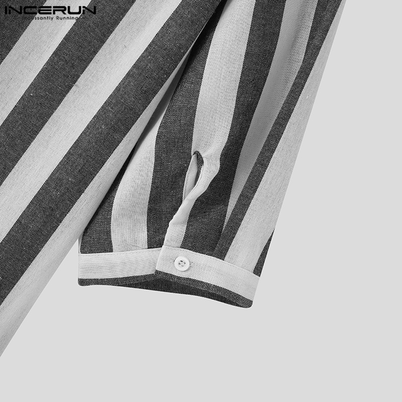 INCERUN Áo Sơ Mi Henley Dài Tay Cổ Tròn Họa Tiết Kẻ Sọc Cho Nam