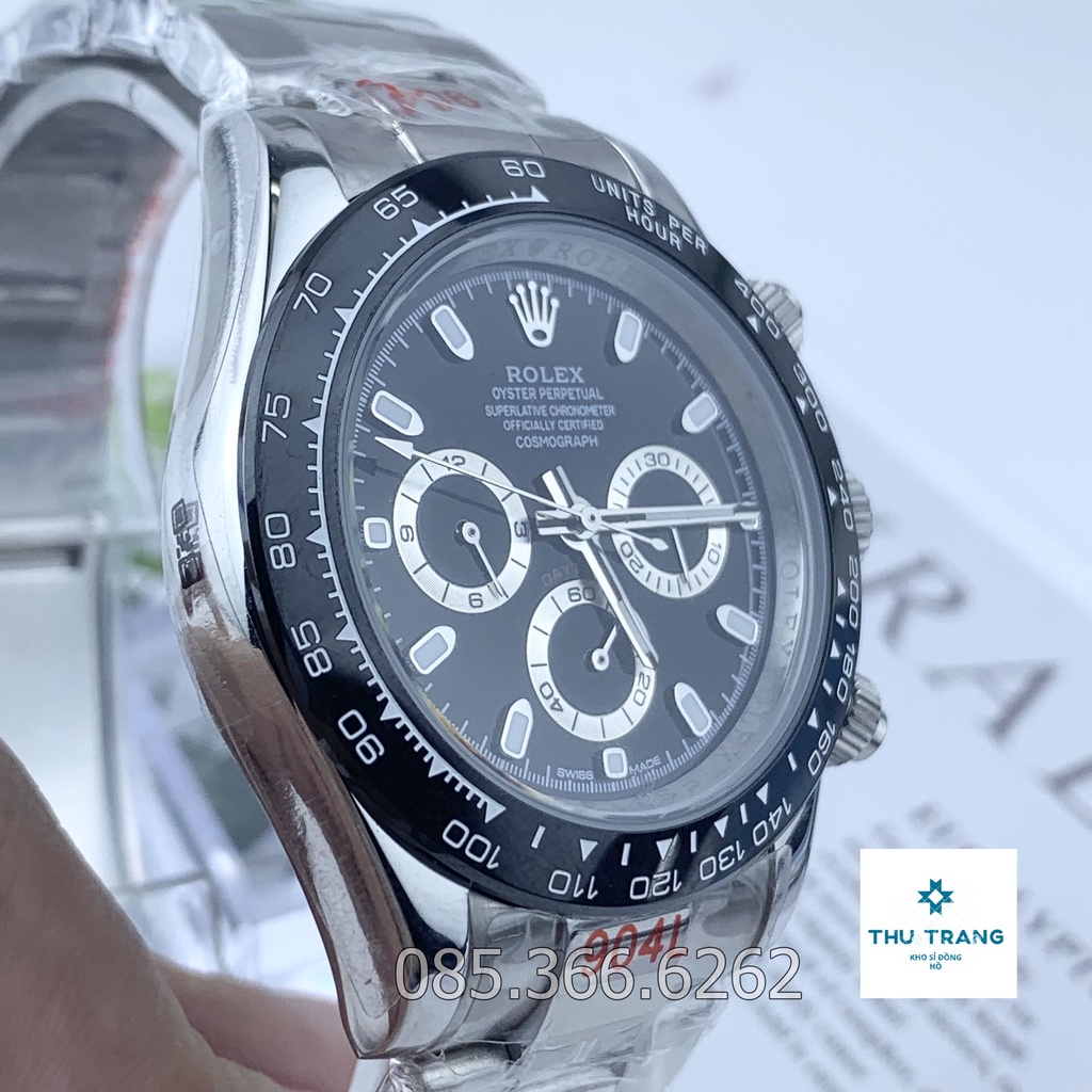 Đồng hồ nam đồng hồ cơ Rolex máy nhật dòng Automatic mẫu 3 nút đen dây thép trắng size 41-42mm