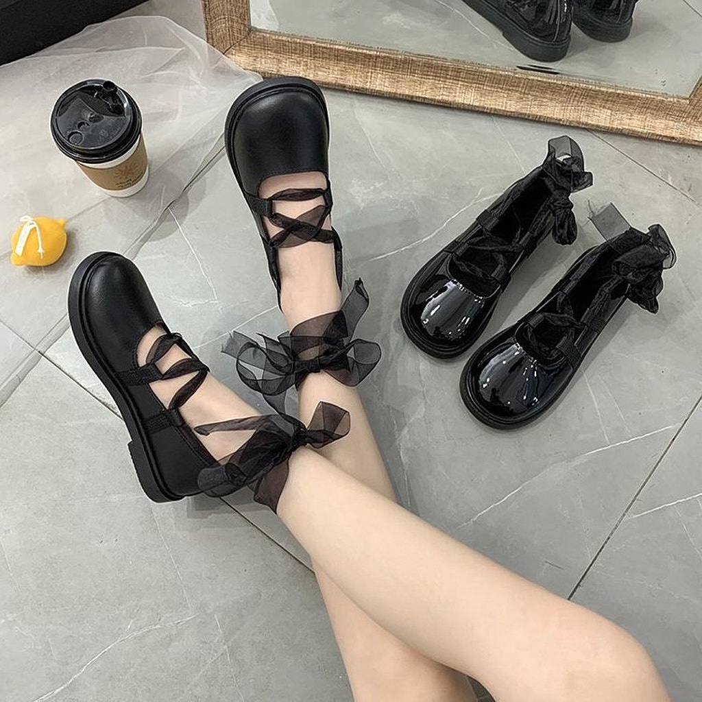 Giày Mary Jane Ulzzang Phong Cách Vintage, Giày Lolita Mũi Tròn Vải Voan Thắt Cổ Chân Đế Cao Su Hàn Quốc, Iclasy_shoes