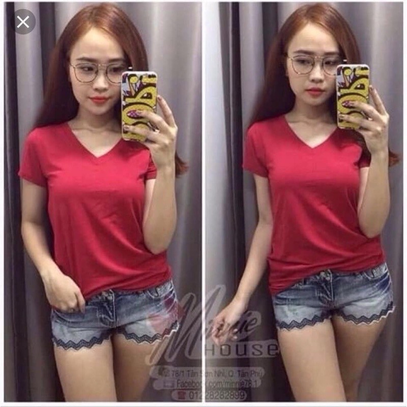 Áo thun trơn cổ tim, cổ tròn basic cộc tay form ôm vừa phải chất thun cotton | BigBuy360 - bigbuy360.vn