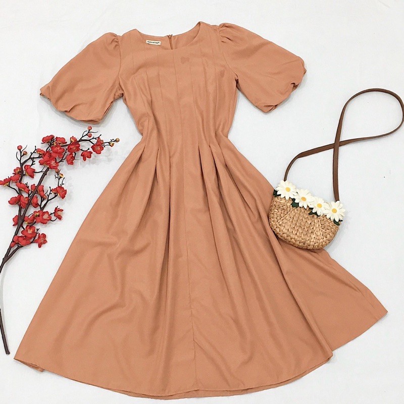 Đầm váy cổ tròn xếp li 4 màu