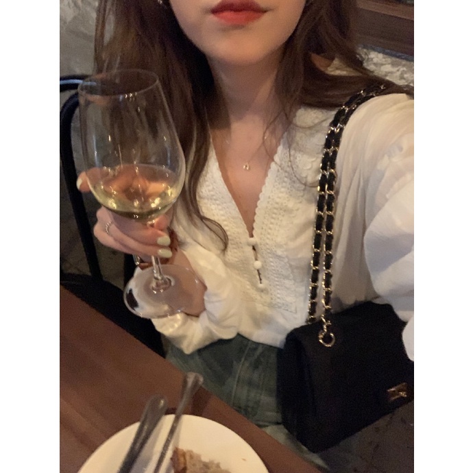 SUXI Áo Kiểu Tay Dài Cổ Chữ V Phối Ren Hoa Phong Cách Hàn Quốc Dành Cho Bạn Nữ