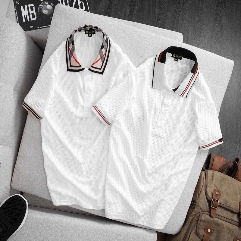 Áo Phông Nam Cổ Bẻ Cộc Tay Cổ Phối Họa Tiết Màu Trắng Phom Body Chất Liệu Cotton Co Giãn 4 Chiều Kiểu Dáng Trẻ