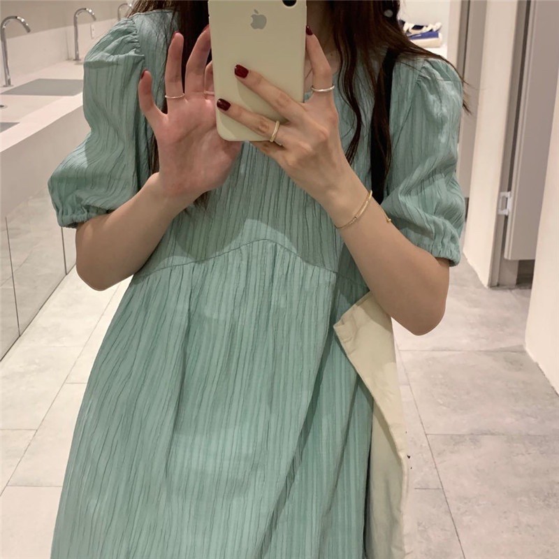 [Ảnh thật]Váy Babydoll cổ tròn tay phồng xanh ngọc Xanh Mint hàng đẹp Đầm suông dáng dài phong cách Hàn quốc dành cho nữ