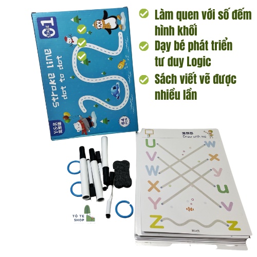 Bộ tập tô, nối chữ và nét vẽ cơ bản Stroke Line Dot to Dot, Vở tập viết thông minh xoá được 64 trang cho bé 3 tuổi