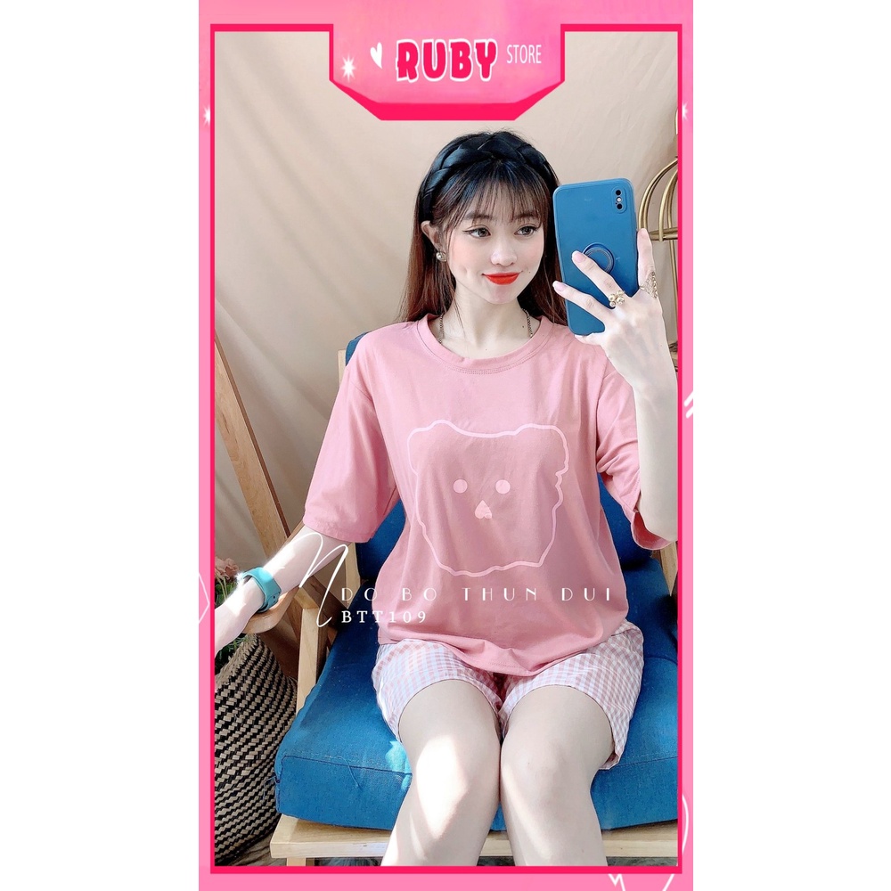 Đồ bộ nữ mặc nhà chất thun mềm mịn mát in hình gấu phối quần caro dễ thương BTT109