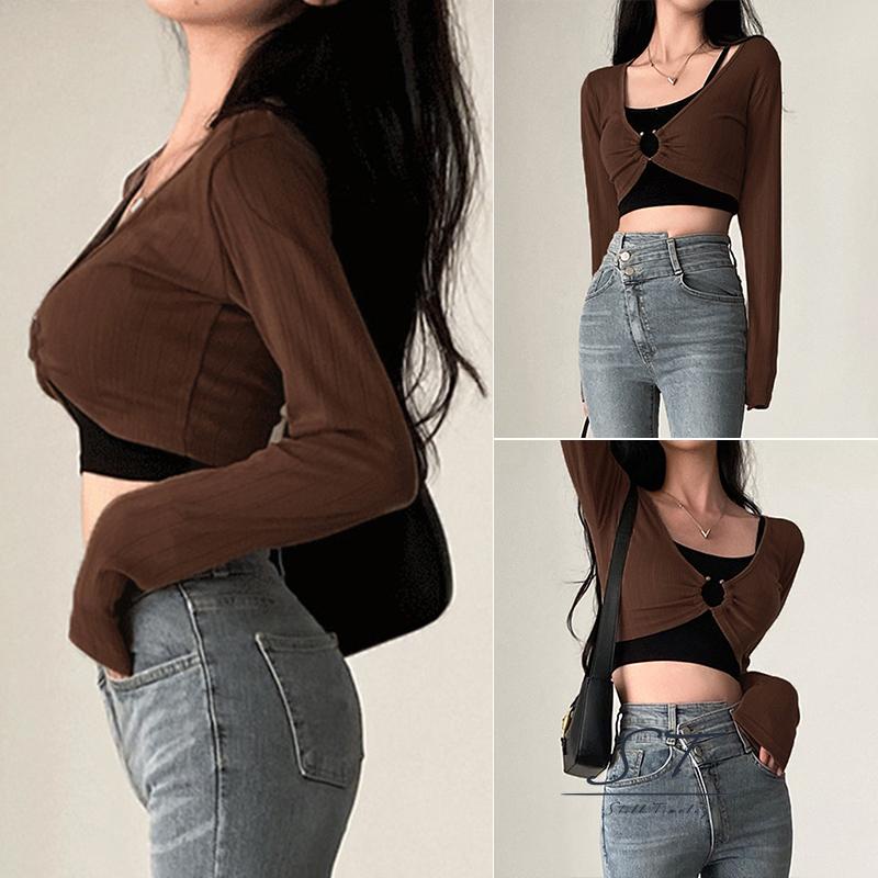 Bộ Áo Croptop Hai Dây Màu Trơn 2 Dây + Áo Sơ Mi Tay Dài Cổ Chữ U Sâu CY03