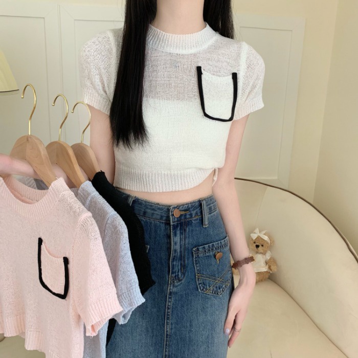 【ZHELIHANGFEI】Áo Dệt Kim Tay Ngắn Cổ Tròn Dễ Phối Đồ Hợp Thời Trang