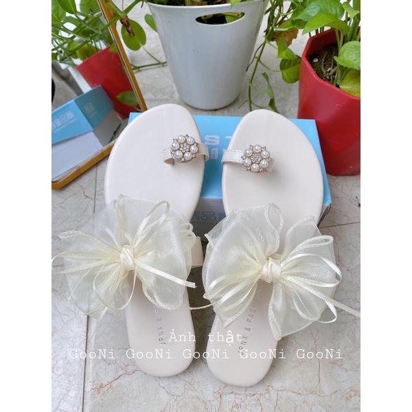 Dép xỏ ngón voan nơ cánh tiên phong cách thời trang tiểu thư dành cho nữ