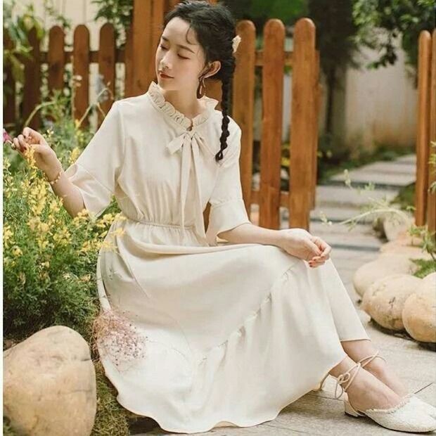 Đầm dáng chữ A tay ngắn buộc dây dễ thương dành cho phụ nữ | BigBuy360 - bigbuy360.vn
