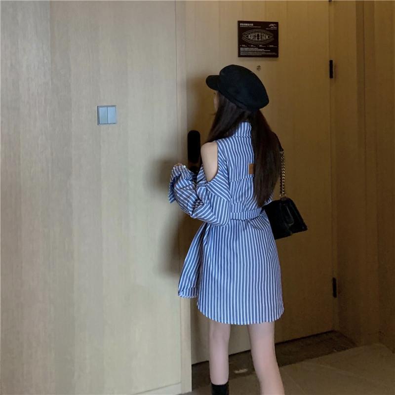 Áo Sơ Mi Dài Tay Hở Vai Họa Tiết Kẻ Sọc Phong Cách Retro Gợi Cảm Cho Nữ