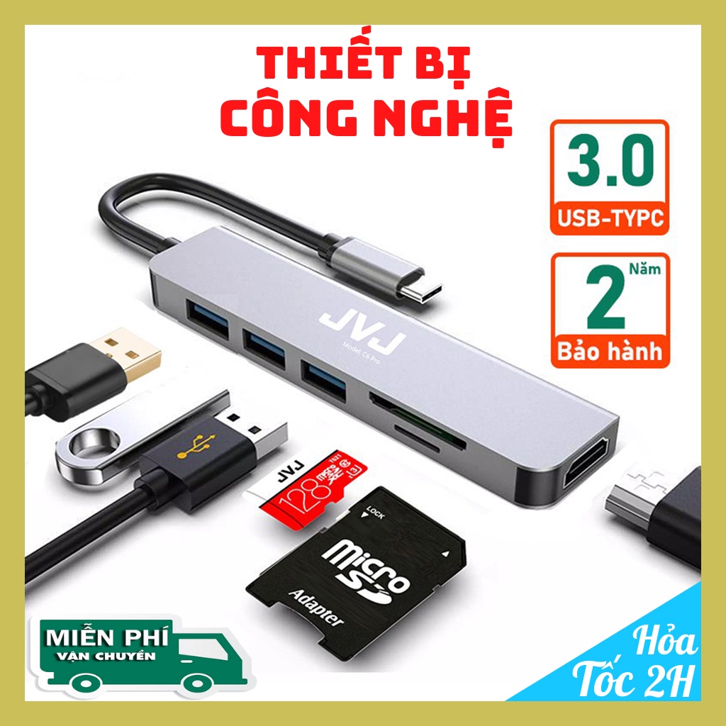 Hub type C USB C6 JVJ 6 trong 1 đa năng cổng chuyển đổi chia cổng USB 3.0, SD, TF, 4K,HDMI - Hub USB C4 | BH 2 Năm