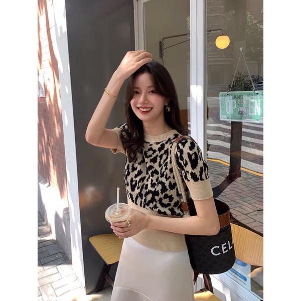 áo len dệt kim hoạ tiết da beo bo đai