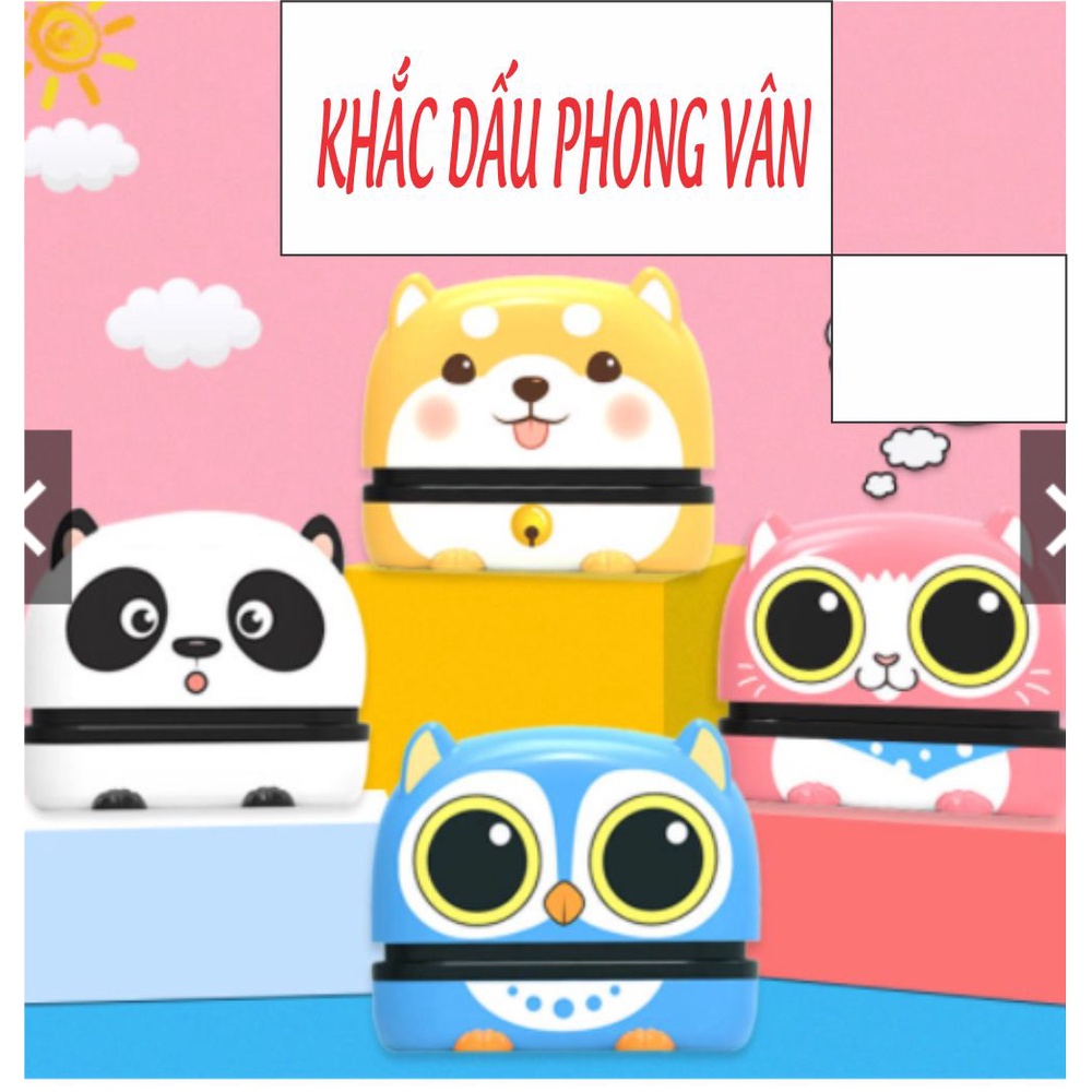 Dấu Tên + Mực + Tem Mác. 1-3 Dòng. Hình Con Cú, Giấy, Vải, Nhựa, Thuỷ Tinh.
