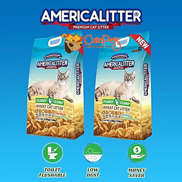 Cát vệ sinh cho mèo, Cát lúa mạch America Wheat Litter 11L 6.4kg Đổ được bồn cầu