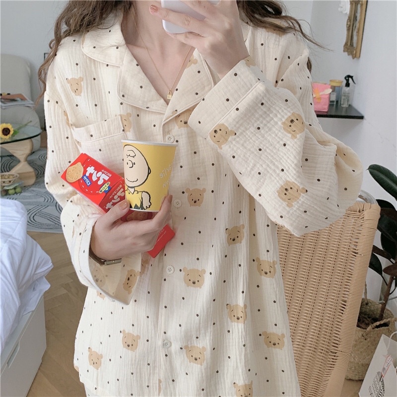 Bộ Ngủ Pyjama, Đồ Bộ Nữ Mặc Nhà dài tay Pyjama chất xô muslin hình gấu Ulzzang Hàn Quốc