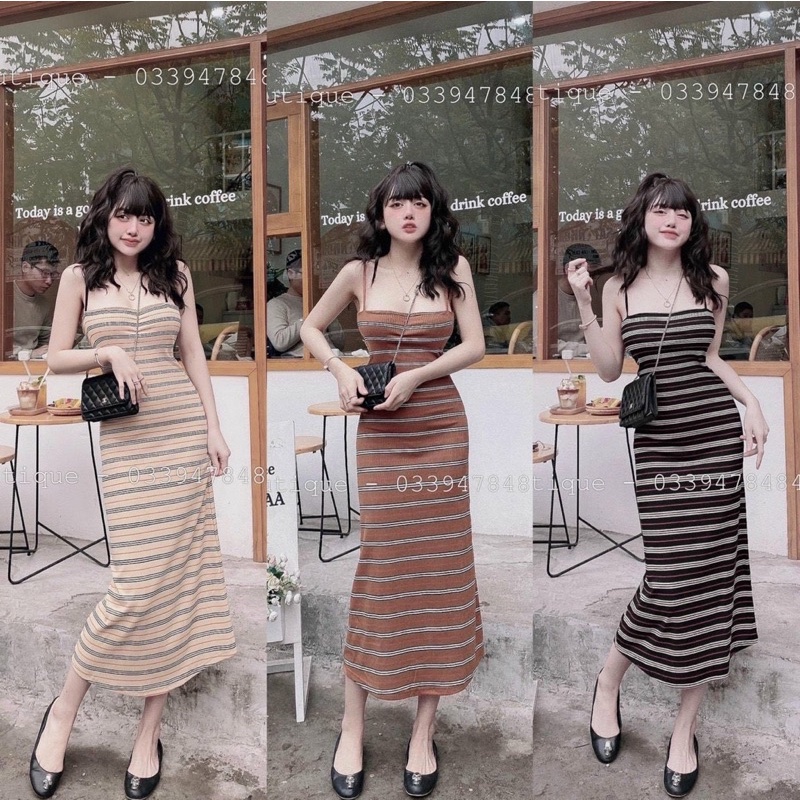 VÁY 2 DÂY KẺ DÁNG XOÈ CHẤT THUN DÀY DẶN MS15988