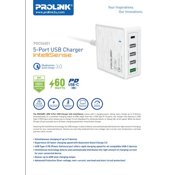 Củ sạc nhanh 60W PROLiNK PDC56001 có 5 cổng (1 USB-C & 4 USB-A) dành cho Macbook, iPhone, iPad, Samsung, Xiaomi