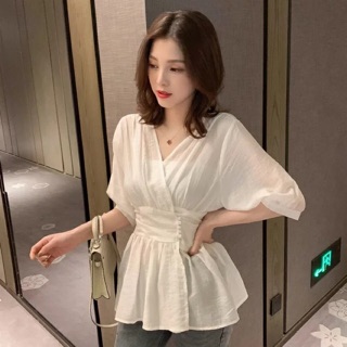 Áo thắt eo dài cổ V sang chảnh 2019