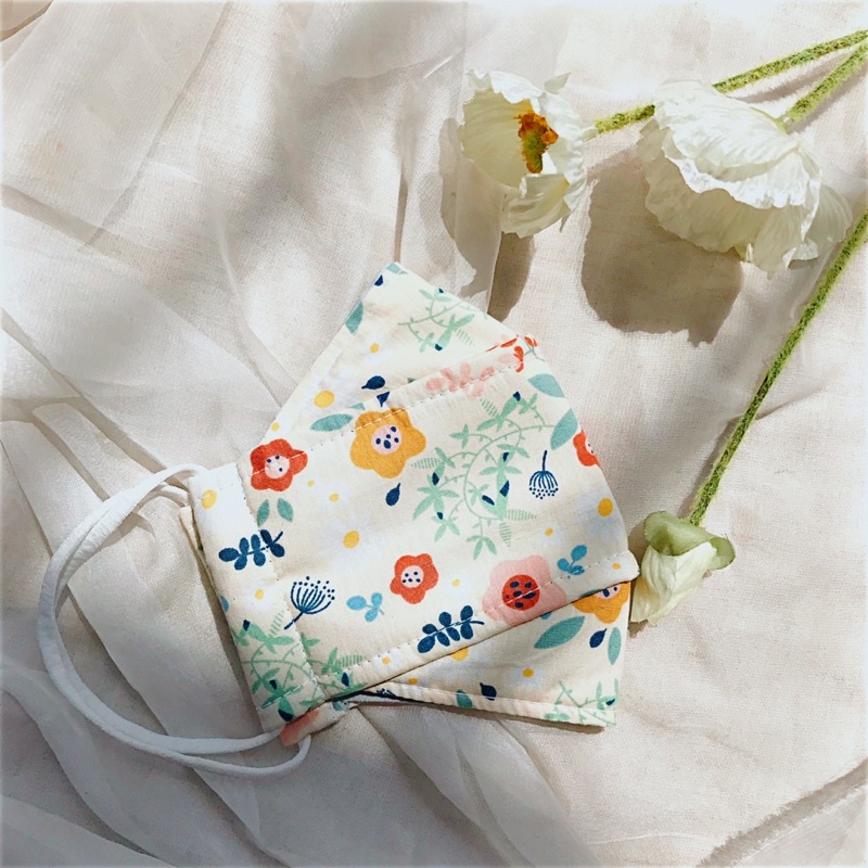 Khẩu trang nữ 3D thô cotton hoa nhí vintage dây điều chỉnh