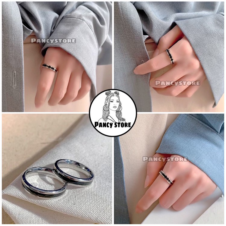 nhẫn nam nữ titan sọc kim đen siêu bền không gỉ Unisex