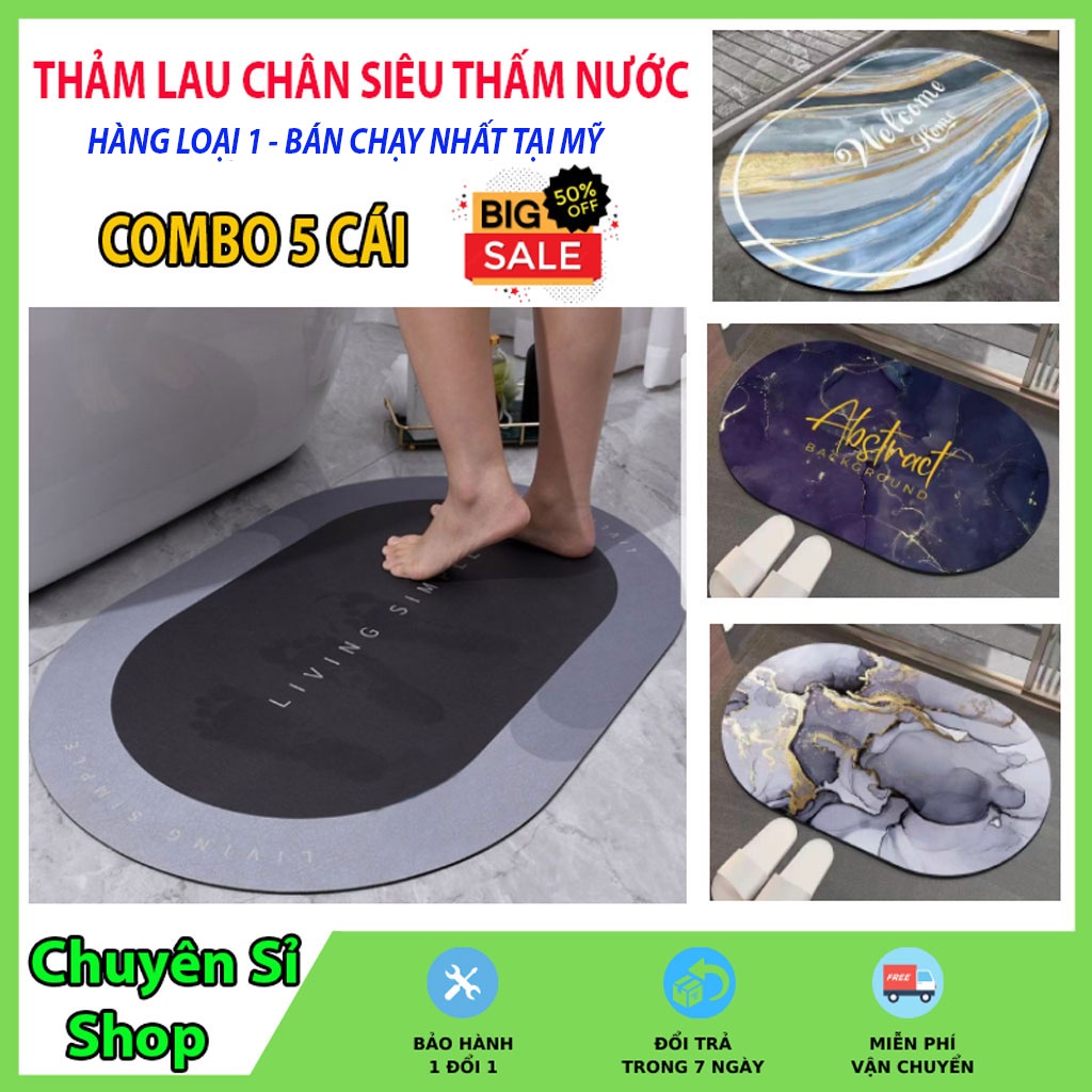 ⚡COMBO 5 CÁI⚡Thảm Lau Chân Siêu Mềm Siêu Dày, Thảm Siêu Thấm Hút Nước Chất Liệu Chống Trượt (60x40cm)