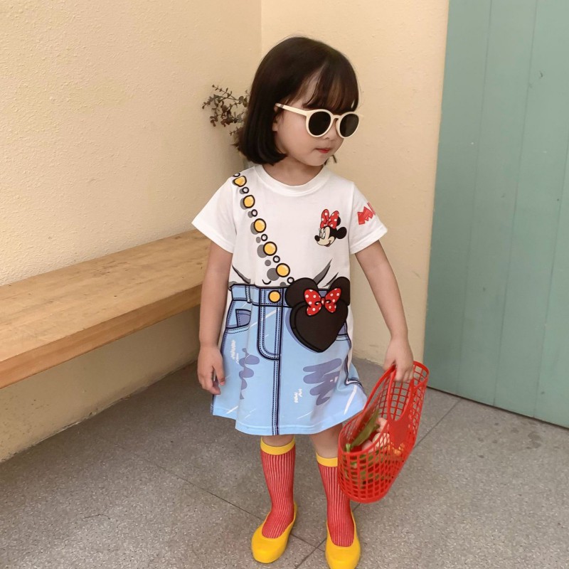 Đầm thun suông tay ngắn họa tiết hoạt hình thời trang dễ thương cho bé gái