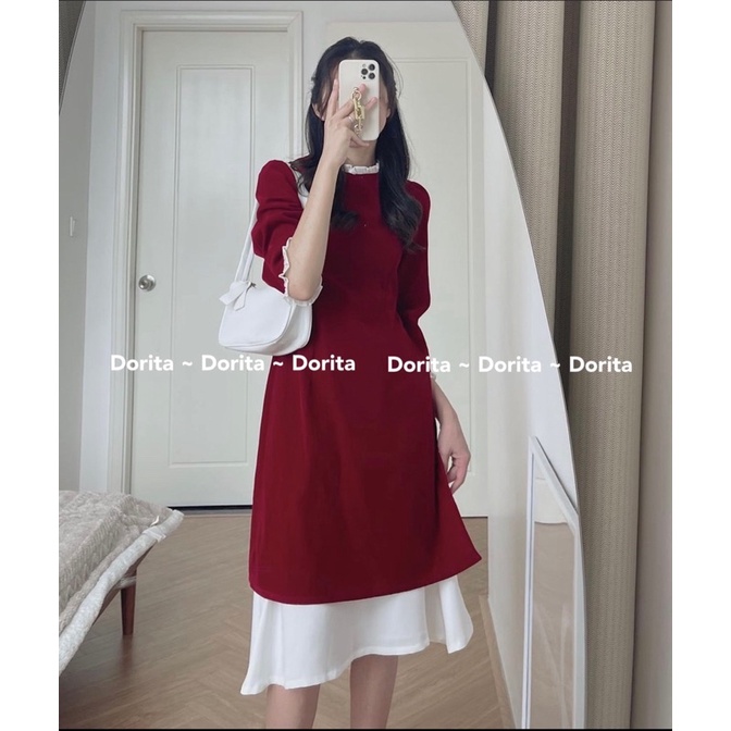 Áo dài Nhung đỏ đô cổ bèo kèm chân váy trắng, Áo dài Tết 2023 - Dorita Boutique