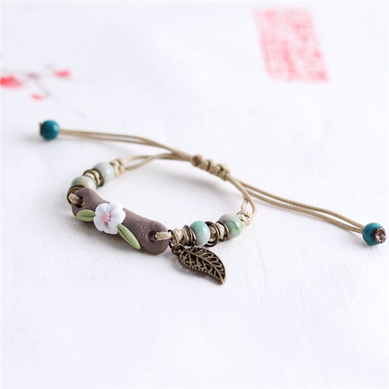 Vòng Đeo Tay Dây Đan Mặt Gốm Sứ Phong Cách Vintage Cá Tính