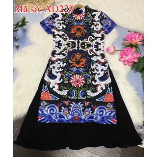 .AD229 Áo Dài Cách Tân cổ trụ họa tiết thổ cẩm rồng váy đen.