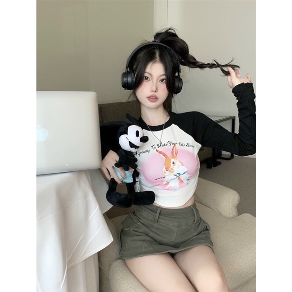 Áo croptop THỎ CAM GB cổ tròn tay dài phối màu chữ hình in cá tính đơn giản dễ thương Nữ kiểu hàn quốc alohashop91