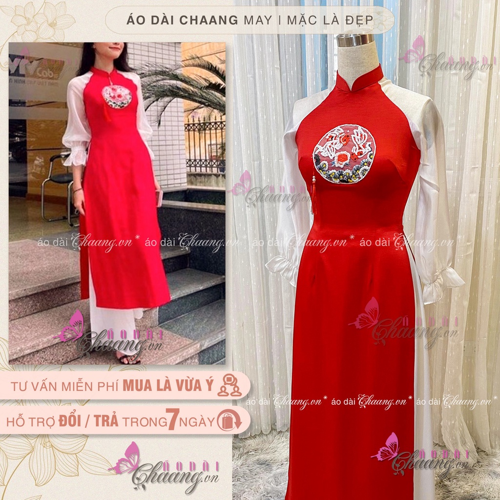 Áo Dài Cách Tân Nữ Lụa Đỏ Vàng Tay Bồng Tơ Nhũ Trắng May Sẵn Dự Tiệc Du Xuân Lễ Tết Đẹp