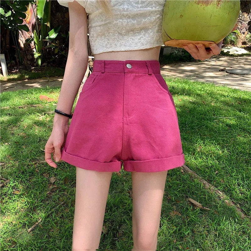 Jiashucheng Quần Short Denim Ống Rộng Lưng Cao Màu Đỏ Hồng Ngọt Ngào Thời Trang Mùa Hè Mát Mẻ Dành Cho Bạn Nữ