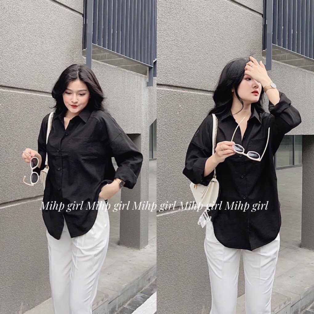 Áo sơ mi trơn nữ dài tay from rộng chất vải đũi Free size từ 45kg đến 65kg.