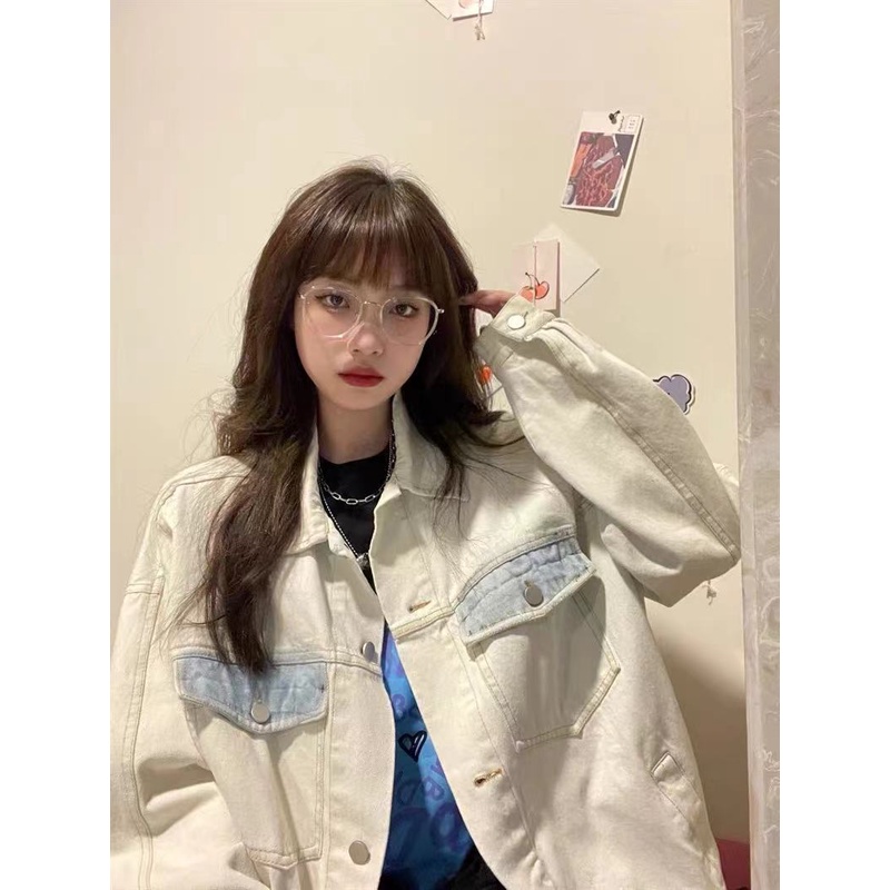 Áo Khoác Denim Dáng Rộng Phối Túi Thời Trang Thu Đông Cho Nữ