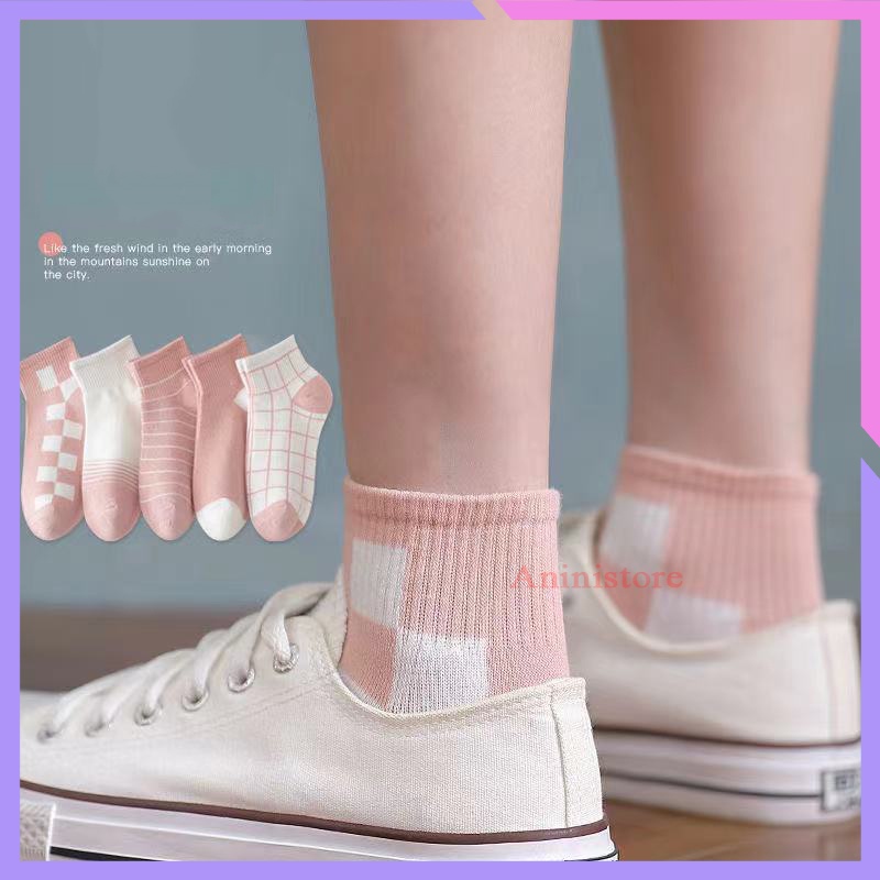 Tất cổ ngắn, vớ cổ ngắn nữ ô lưới, kẻ ngang màu trắng hồng dễ thương (TP CN 018 – Aninistore)