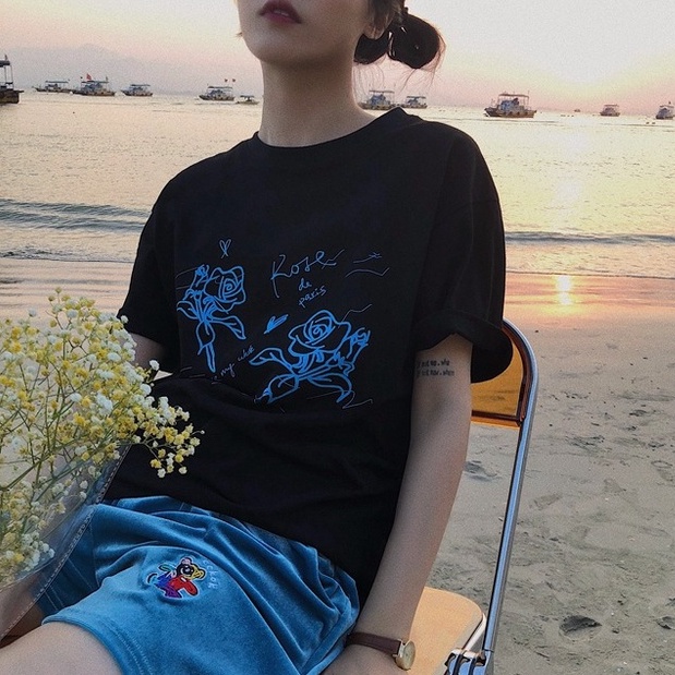 Áo Thun Tay Ngắn Dáng Rộng Hoạ Tiết Hoa Phong Cách Hàn Quốc