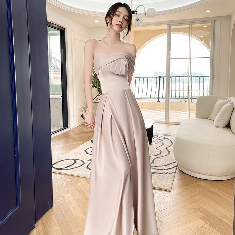 Đầm phù dâu dáng dài bằng satin cao cấp thời trang mùa thu mới