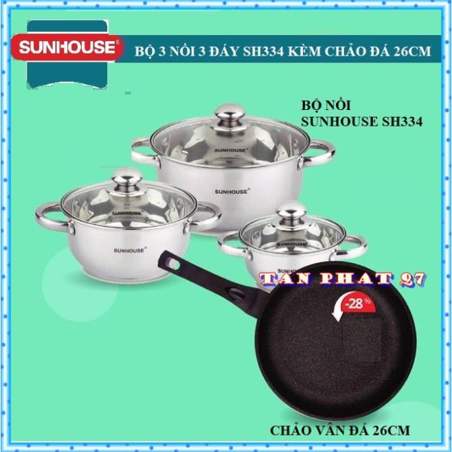 Combo bộ nồi nox 3 đáy kèm chảo đá SUNHOUSE 26cm