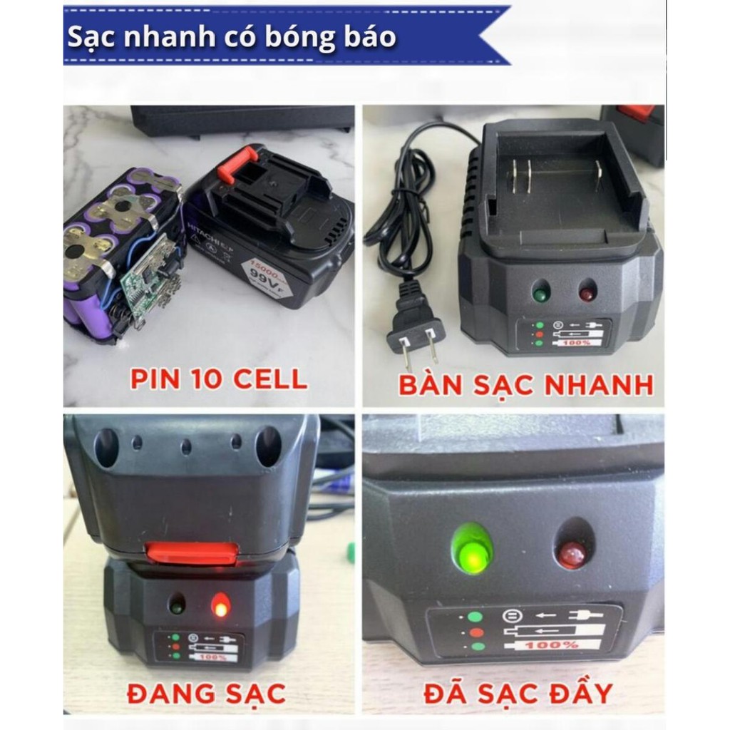 Máy siết bulong dùng pin không chổi than Hitachi 99v PIN khủng 10 Cell -TẶNG KÈM 5 ĐẦU KHẤU